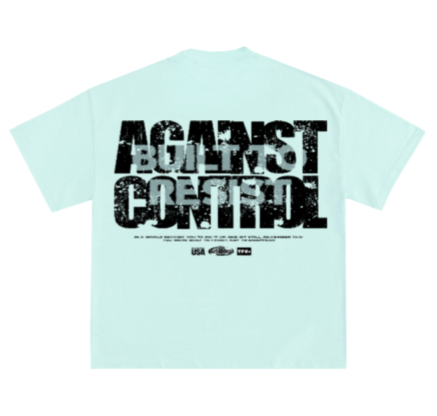 Light blue t-shirt with graphic design and text on front and back