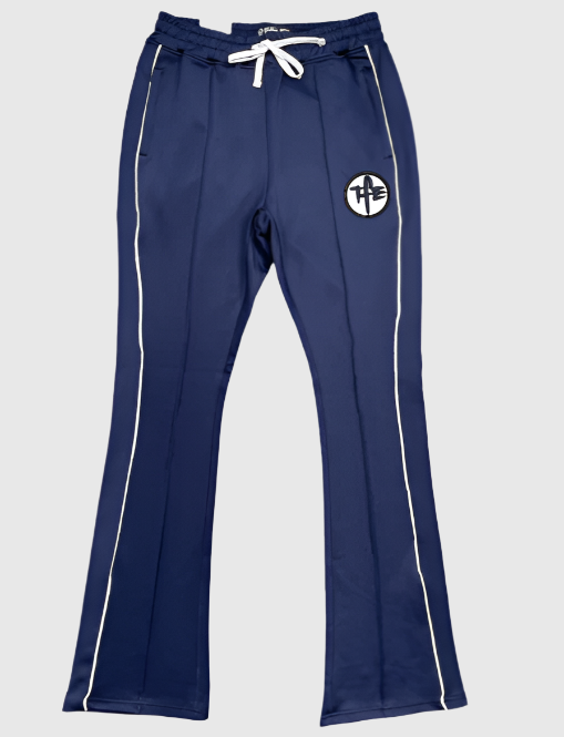 Navy blue sweatpants with a logo on a light gray background