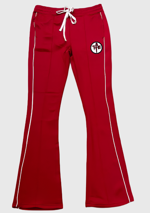 Red flared pants with a logo on a white background