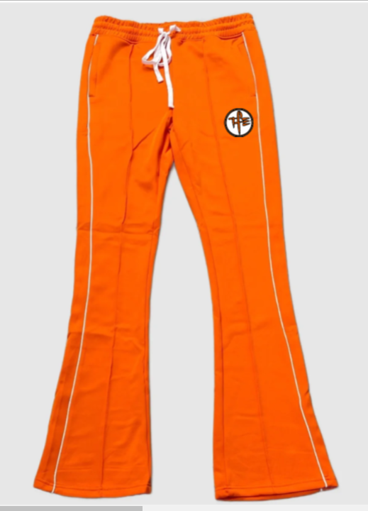 Orange sweatpants with a logo on a light gray background