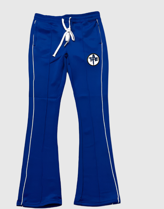 Blue track pants with a logo on a white background